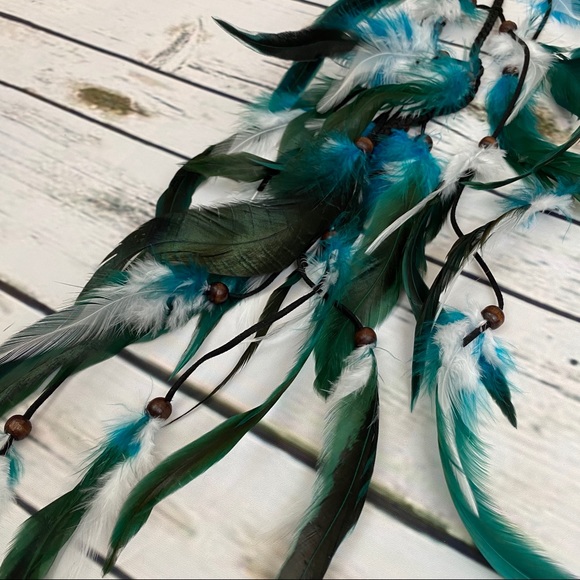 Boho Blue and White Long Feather Elastic Hair Tie - Picture 10 of 14